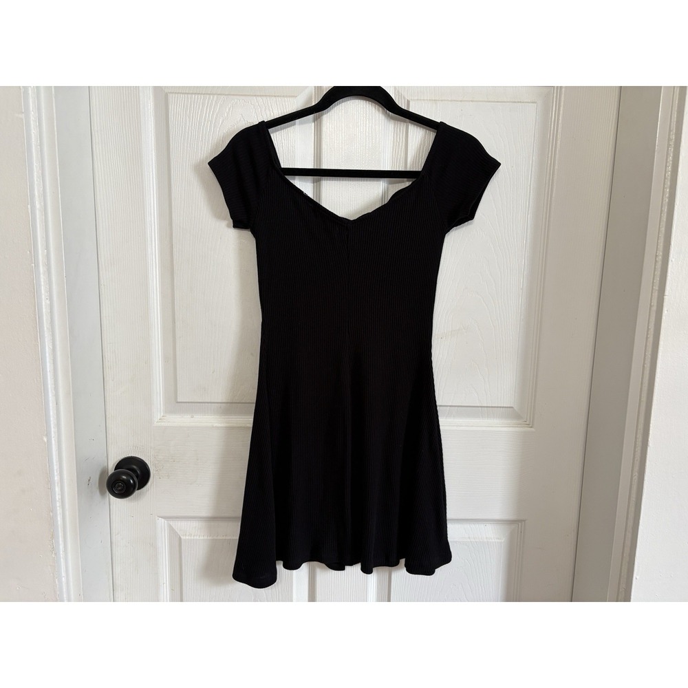 Urban Outfitters Tiffany Sweetheart Bardot Mini Dress XS Black Ribbed Button 90s - Picture 3 of 9